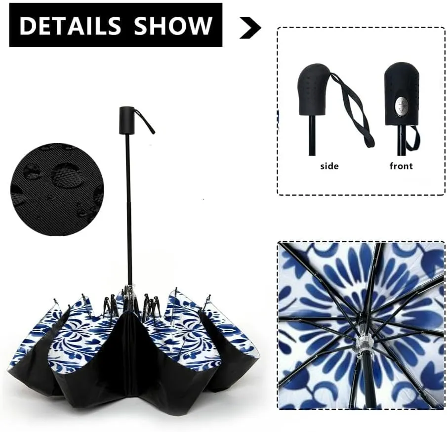 Travel Umbrella for Rain Windproof Indian floral paisley border Tropical flowers motif decoration Automatic Cute Portable Compact Umbrella for Women Purse Backpack Car Black Sun UV Protection