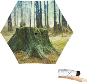 Travel Umbrella for Rain Windproof Old tree stump covered moss the coniferous forest Cute Portable Compact Mini Umbrella for Women Purse Backpack Car Black Sun UV Protection, Mulit1