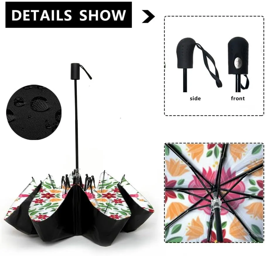 Travel Umbrella for Rain Windproof Trendy floral Simple white small daisies leaves Hand drawn cartoon Automatic Cute Portable Compact Umbrella for Women Purse Backpack Car Black Sun UV Protection