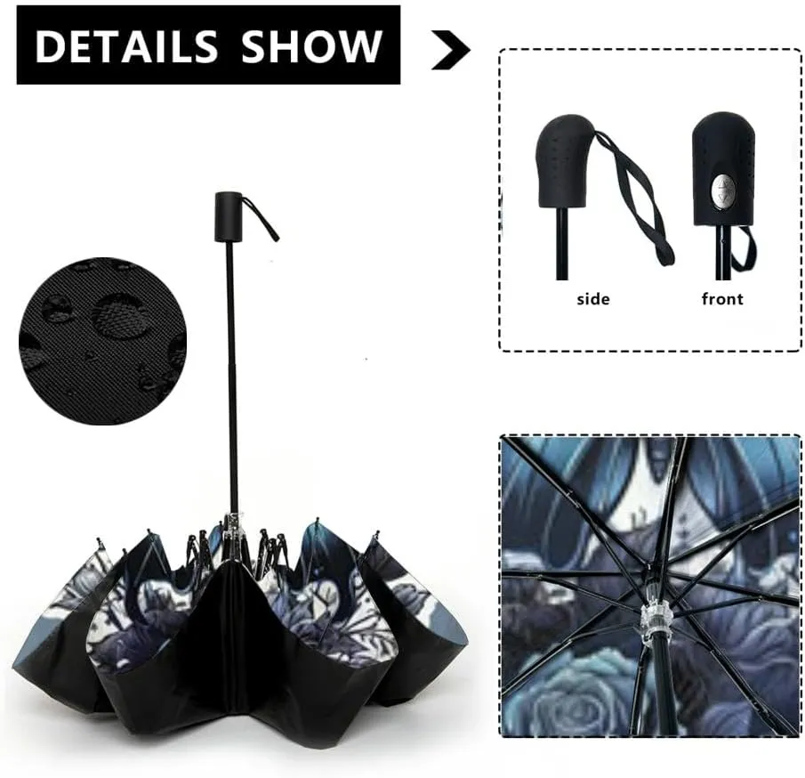Travel Umbrella for Rain Windproof Watercolor halloween Dead skull hat Automatic Cute Portable Compact Umbrella for Women Purse Backpack Car Black Sun UV Protection