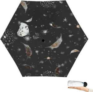 Travel Umbrella for Rain Windproof white butterflies and feathers a black abstract splashes and imprints Cute Portable Compact Mini Umbrella for Women Purse Backpack Car Black Sun UV Protection