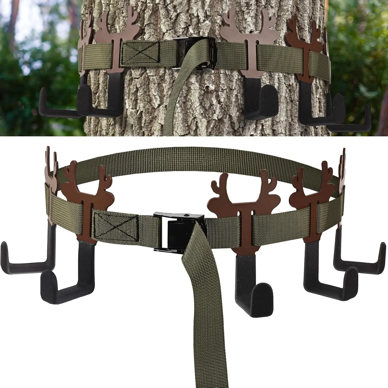 Treestand Strap Hangers with 5 Metal Gear Hooks Hunting Gear Accessory Holder for Bow and Arrows, Quiver, Backpack, Binoculars, Rangefinders Hunting Gear and Equipment Hanger for Prey