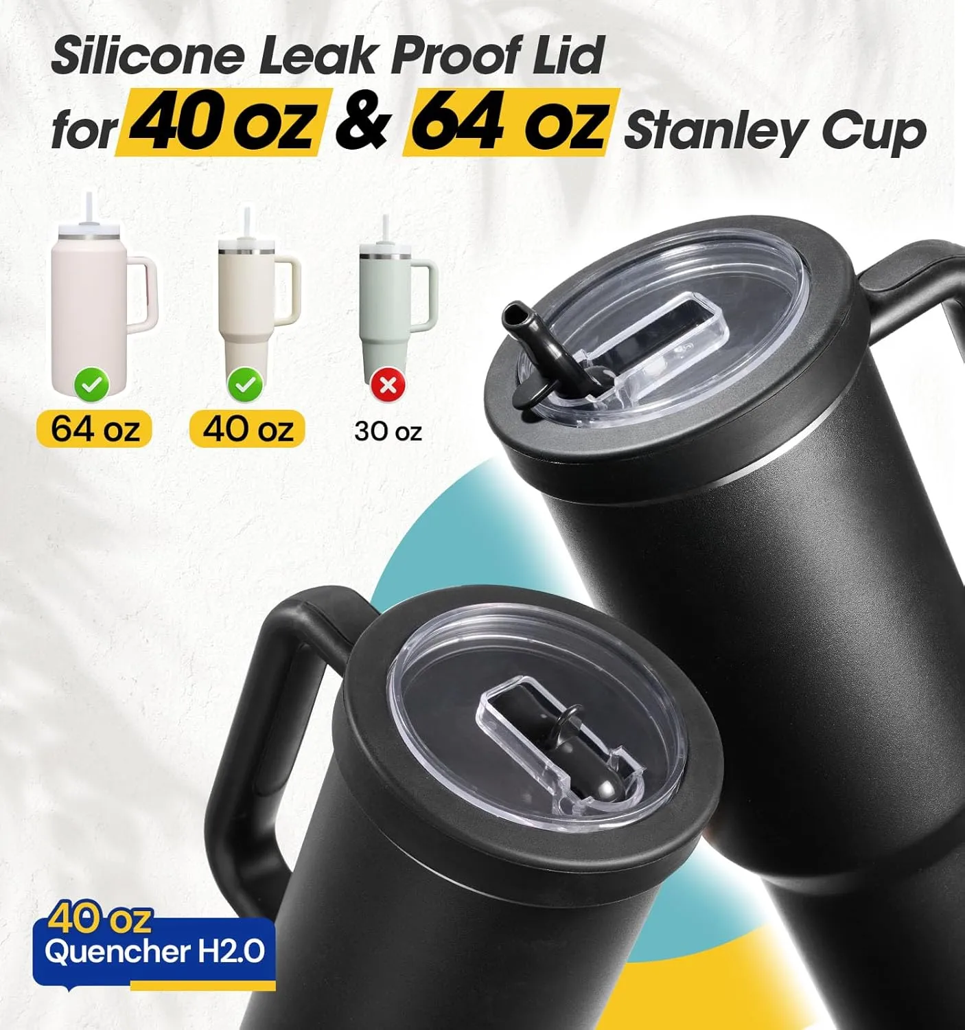 Tumbler Flip Straw Lid for 40 Oz Stanley Quencher Cup Replacement Fit Leak Proof Silicone Cover Reusable Splash Resistant Cup Lids Accessories with Cleaning Brush for Travel