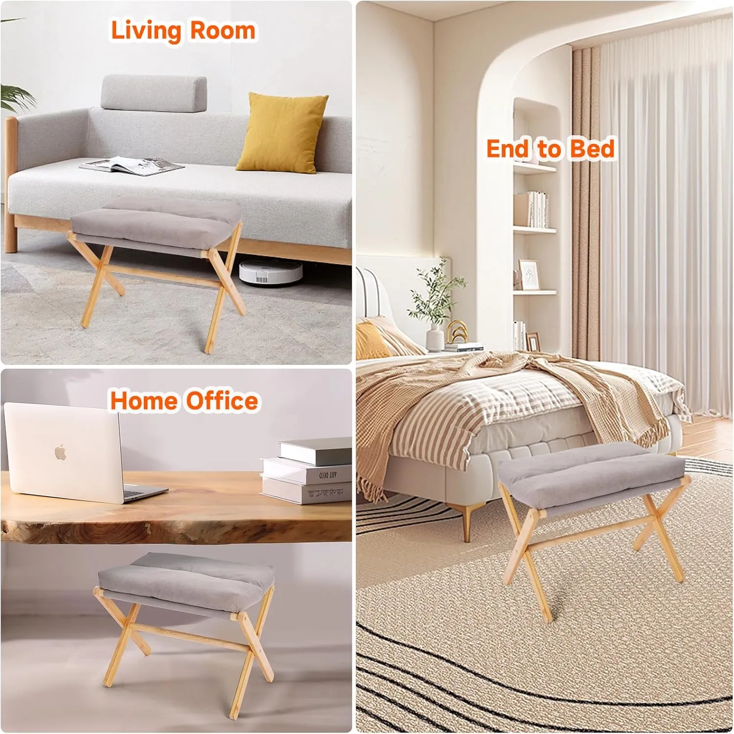 TYYIHUA Folding Foot Stool,Small Ottoman Foot Rest for Couch,Wooden Footstool,Change Shoes Bench,Modern X Ottoman Chair for Living Room, Entryway, Children Room, Bedroom,Caravaning (Light Gray)
