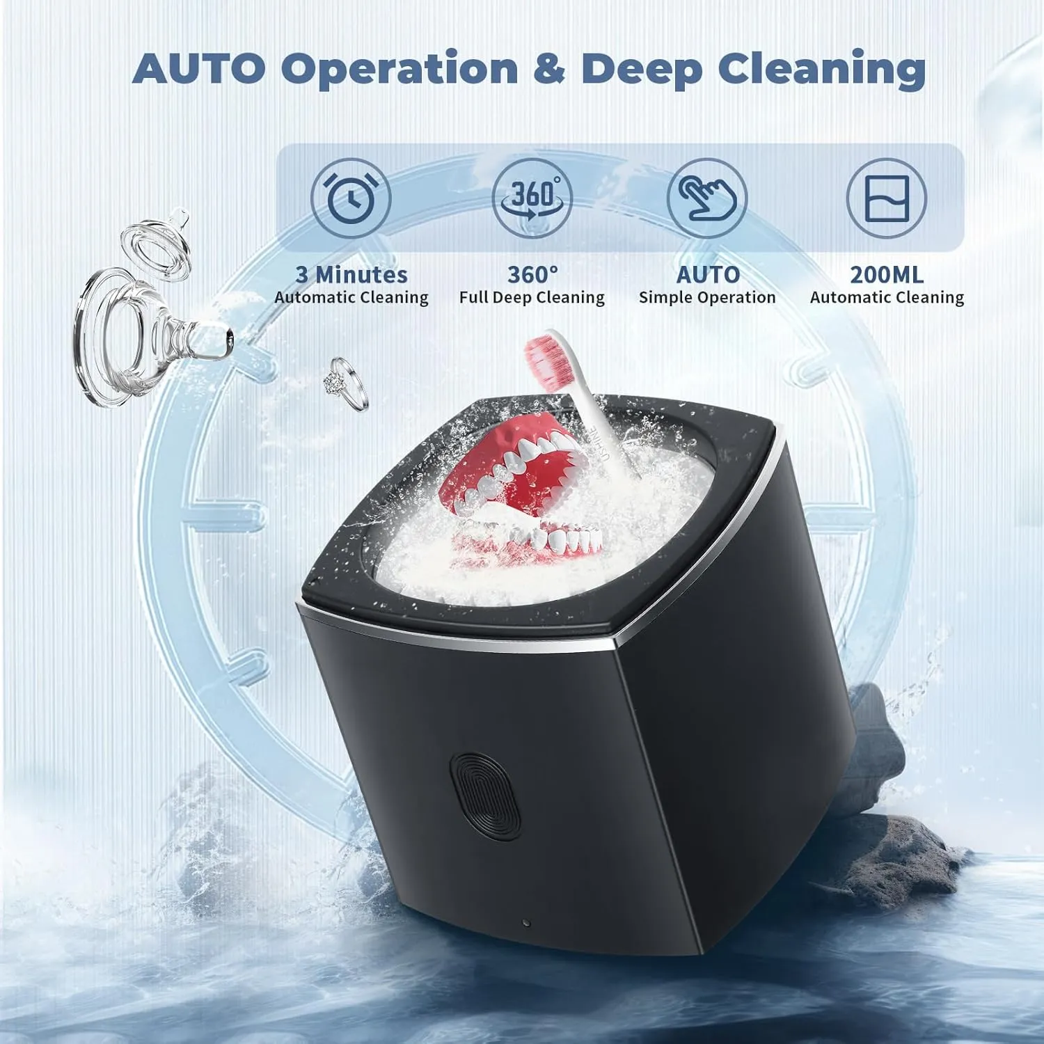 Ultrasonic Dental Cleaner;UltraSonic Retainer Cleaner Machine for Denture,Aligner,Earring,whitening tray,200ml Portable Mouth Guard Cleaner,Invisalign cleaner,Professional Sonic Jewelry cleaner black