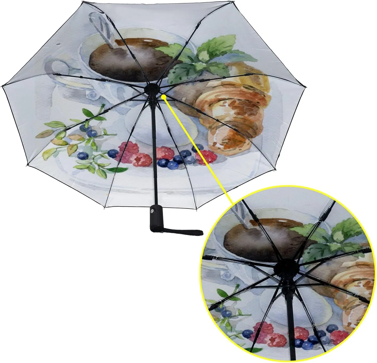 Umbrella Rain Windproof Espresso Croissant Rustic Wooden Table Automatic Folding Compact Beach Anti-UV Protection Umbrellas Travel Golf Parasol Open Close Men Women Girls Adults