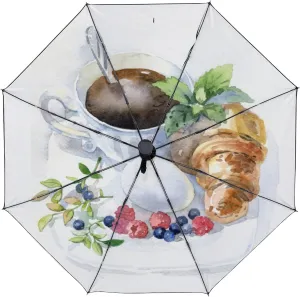 Umbrella Rain Windproof Espresso Croissant Rustic Wooden Table Automatic Folding Compact Beach Anti-UV Protection Umbrellas Travel Golf Parasol Open Close Men Women Girls Adults
