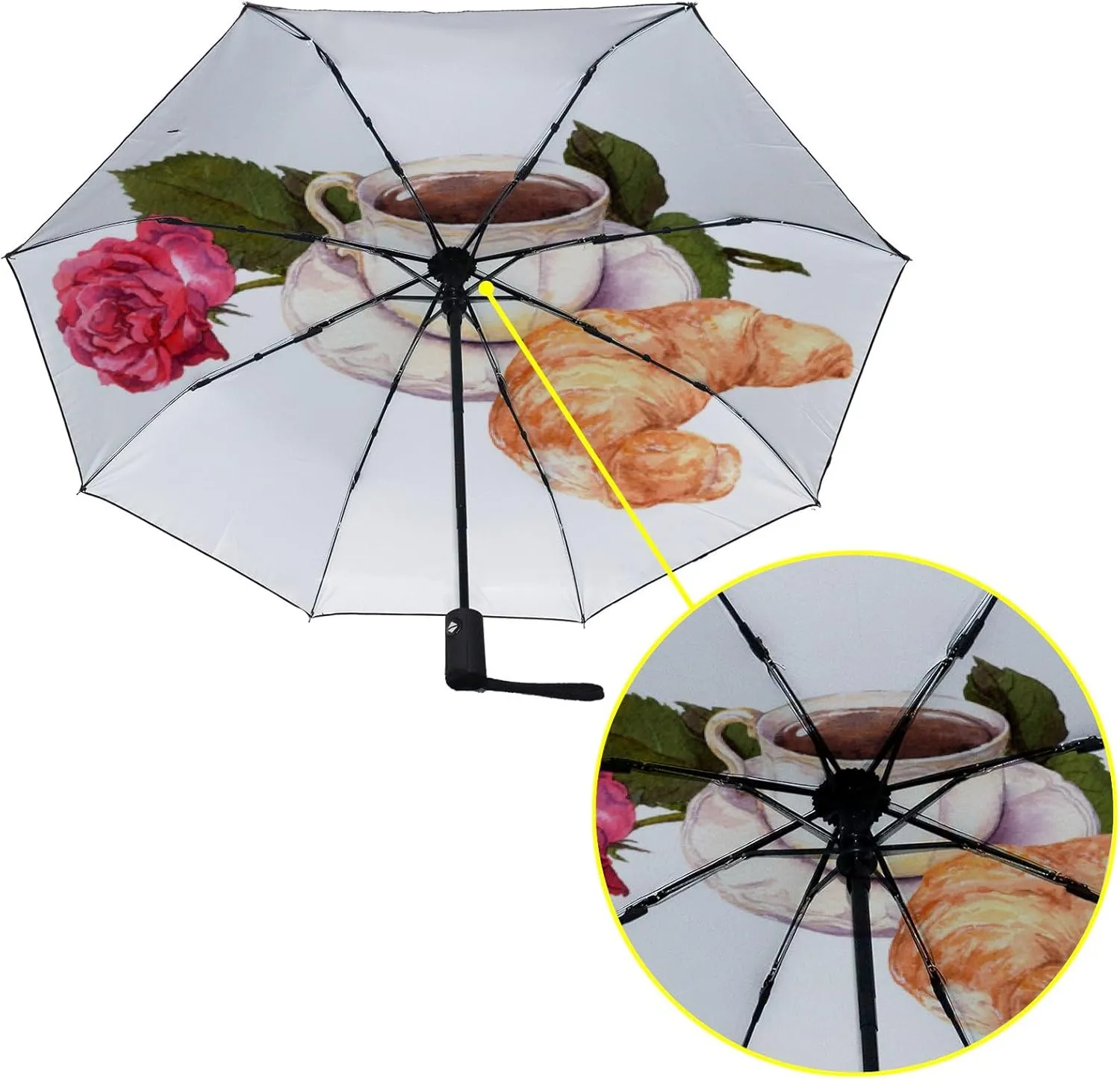 Umbrella Rain Windproof Espresso Croissant Rustic Wooden Table Automatic Folding Compact Beach Anti-UV Protection Umbrellas Travel Golf Parasol Open Close Men Women Girls Adults