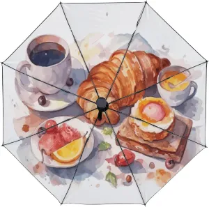 Umbrella Rain Windproof Espresso Croissant Rustic Wooden Table Automatic Folding Compact Beach Anti-UV Protection Umbrellas Travel Golf Parasol Open Close Men Women Girls Adults