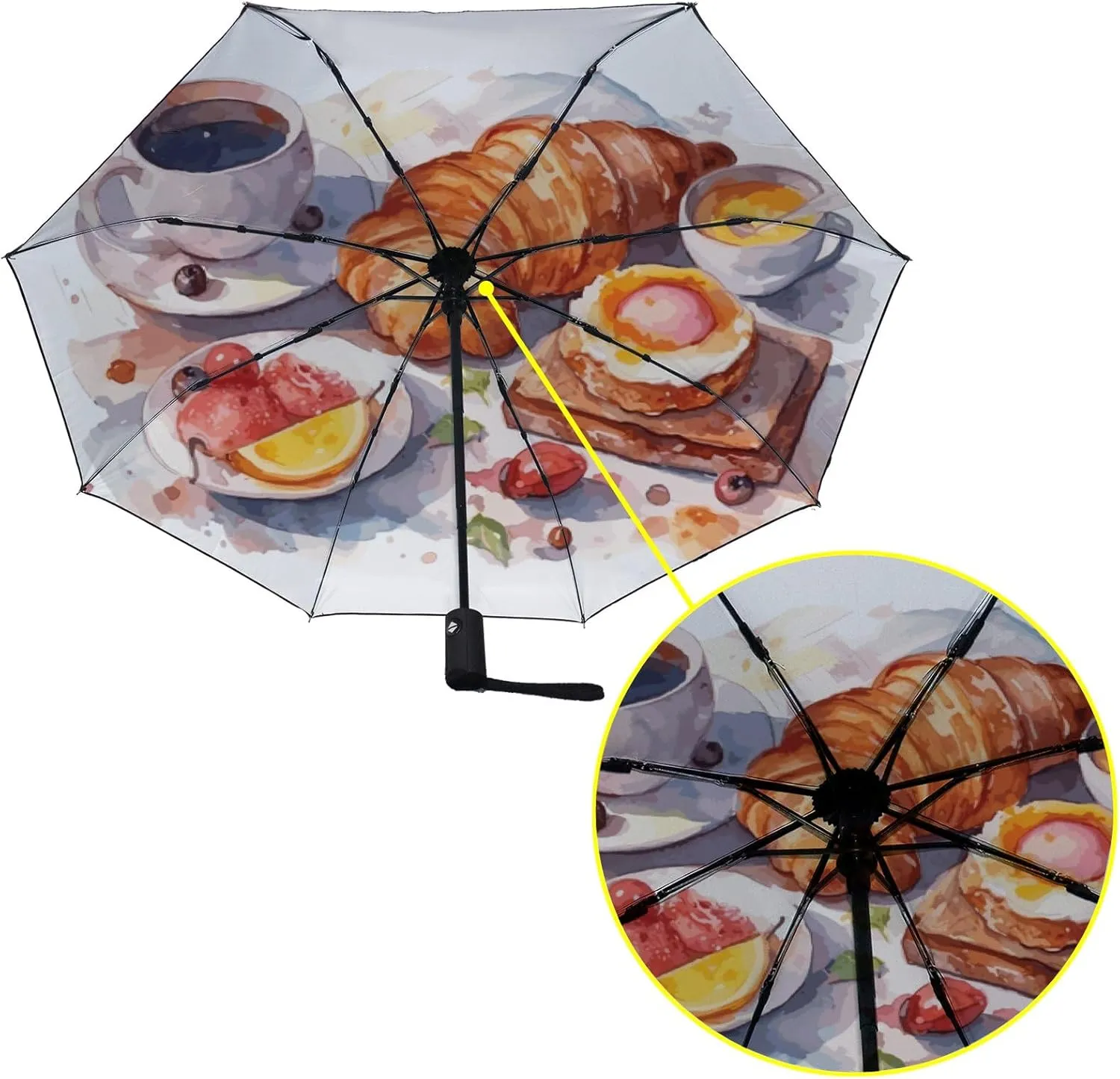 Umbrella Rain Windproof Espresso Croissant Rustic Wooden Table Automatic Folding Compact Beach Anti-UV Protection Umbrellas Travel Golf Parasol Open Close Men Women Girls Adults