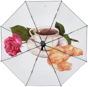 Umbrella Rain Windproof Espresso Croissant Rustic Wooden Table Automatic Folding Compact Beach Anti-UV Protection Umbrellas Travel Golf Parasol Open Close Men Women Girls Adults