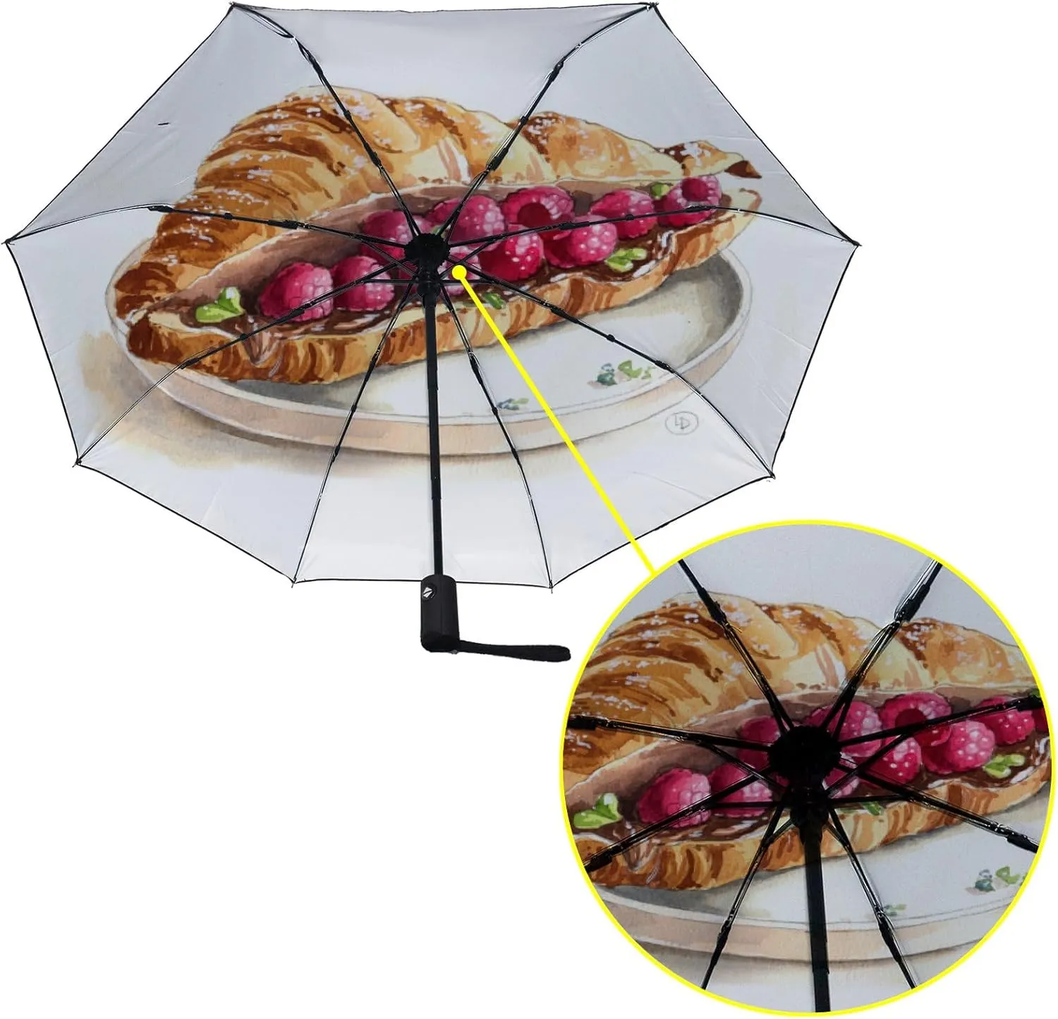 Umbrella Rain Windproof Espresso Croissant Rustic Wooden Table Automatic Folding Compact Beach Anti-UV Protection Umbrellas Travel Golf Parasol Open Close Men Women Girls Adults
