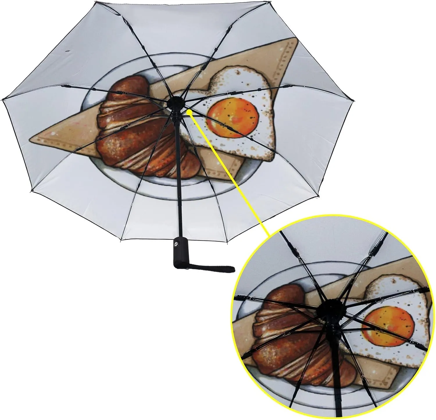 Umbrella Rain Windproof Espresso Croissant Rustic Wooden Table Automatic Folding Compact Beach Anti-UV Protection Umbrellas Travel Golf Parasol Open Close Men Women Girls Adults