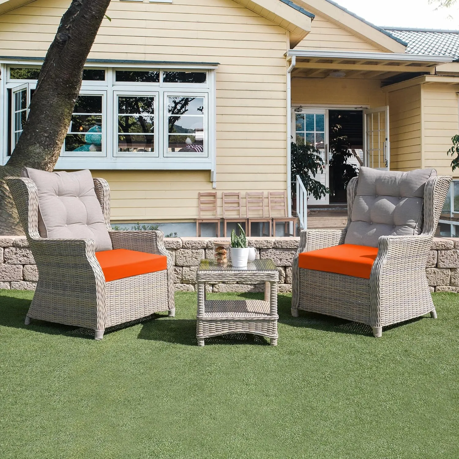 UNIKOME Outdoor Chair Cushions Pack of 4, Water Resistant Patio Cushions with Ties, High Density Sponge Filling Square Corner Seat Cushions for Outdoor Furniture, 18.5"*16"*3", Orange