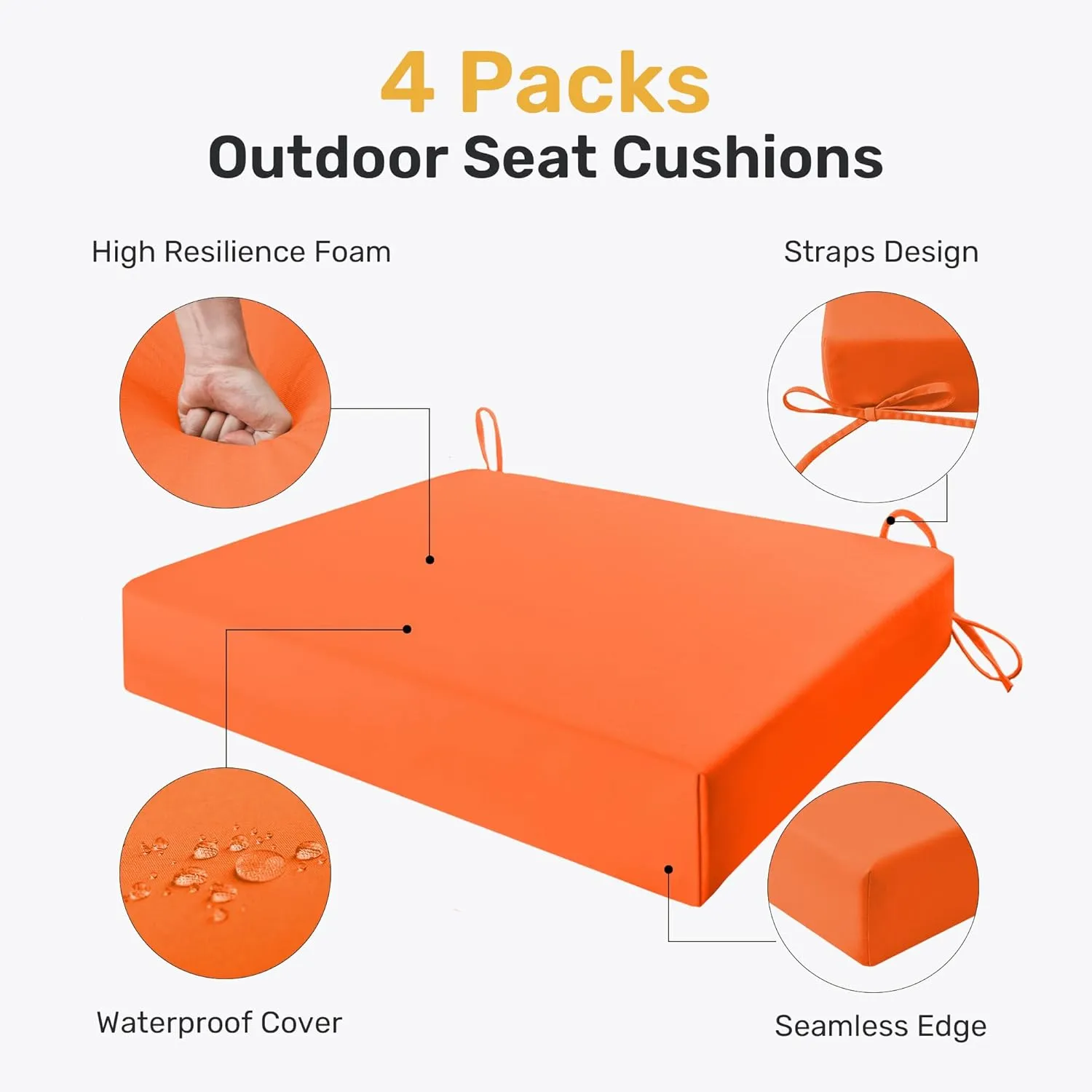 UNIKOME Outdoor Chair Cushions Pack of 4, Water Resistant Patio Cushions with Ties, High Density Sponge Filling Square Corner Seat Cushions for Outdoor Furniture, 18.5"*16"*3", Orange