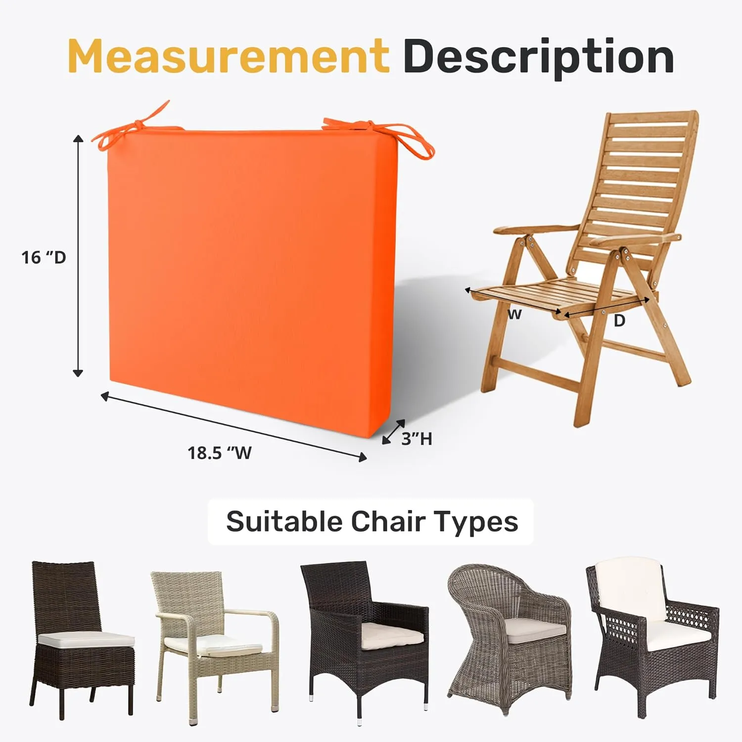 UNIKOME Outdoor Chair Cushions Pack of 4, Water Resistant Patio Cushions with Ties, High Density Sponge Filling Square Corner Seat Cushions for Outdoor Furniture, 18.5"*16"*3", Orange