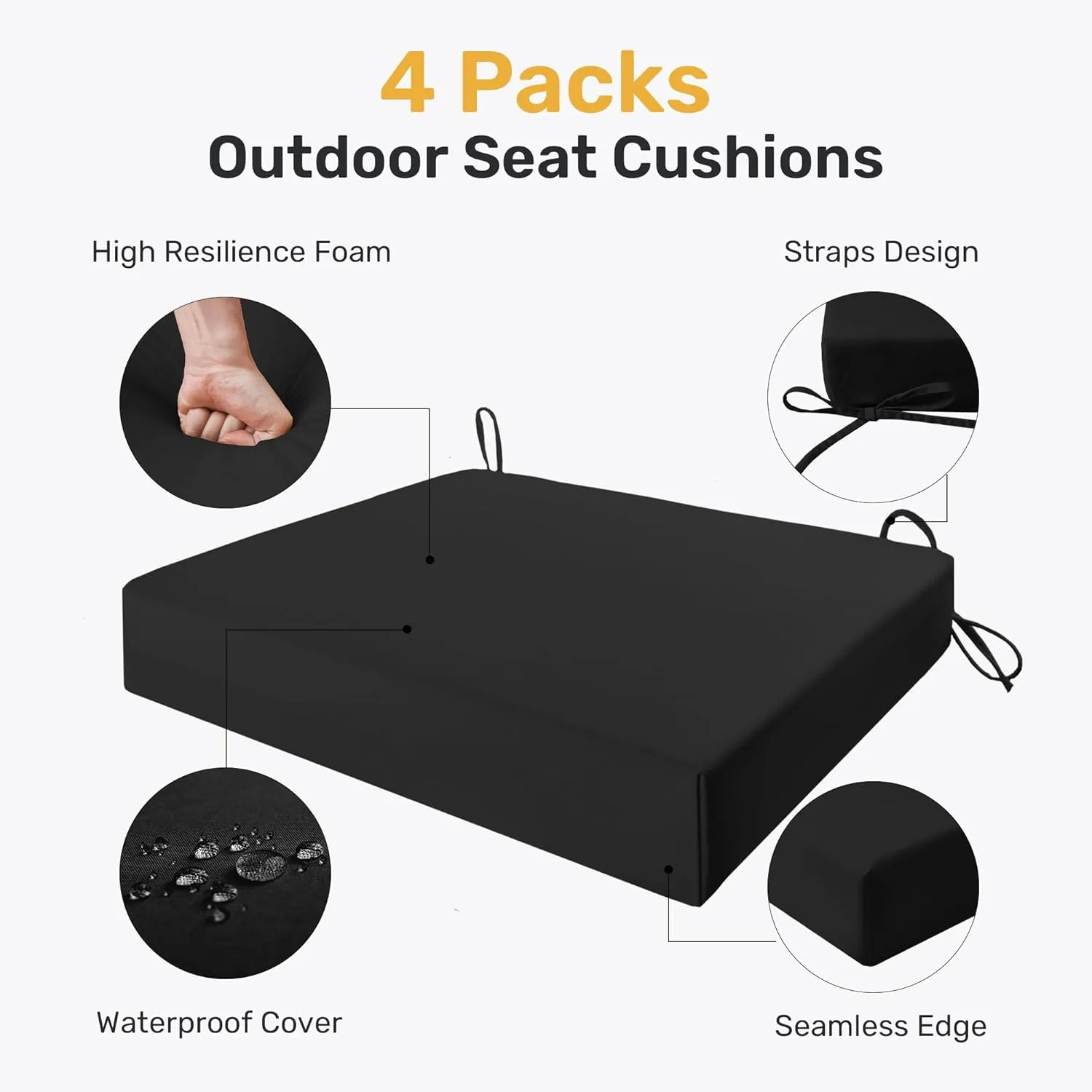 UNIKOME Outdoor Chair Cushions Pack of 4, Water Resistant Patio Cushions with Ties, High Density Sponge Filling Square Corner Seat Cushions for Outdoor Furniture, 18.5"x16"x3", Black