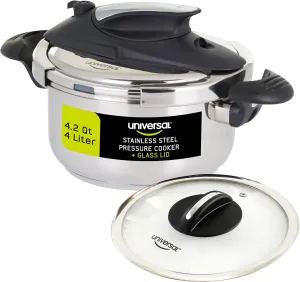 Universal (4.2 Quart / 4 Liter) Small Stainless Steel Easy Use Pressure Cooker   Extra Glass Lid, 5 Servings, Induction Compatible, Pressure Cooker & Multipurpose Pot