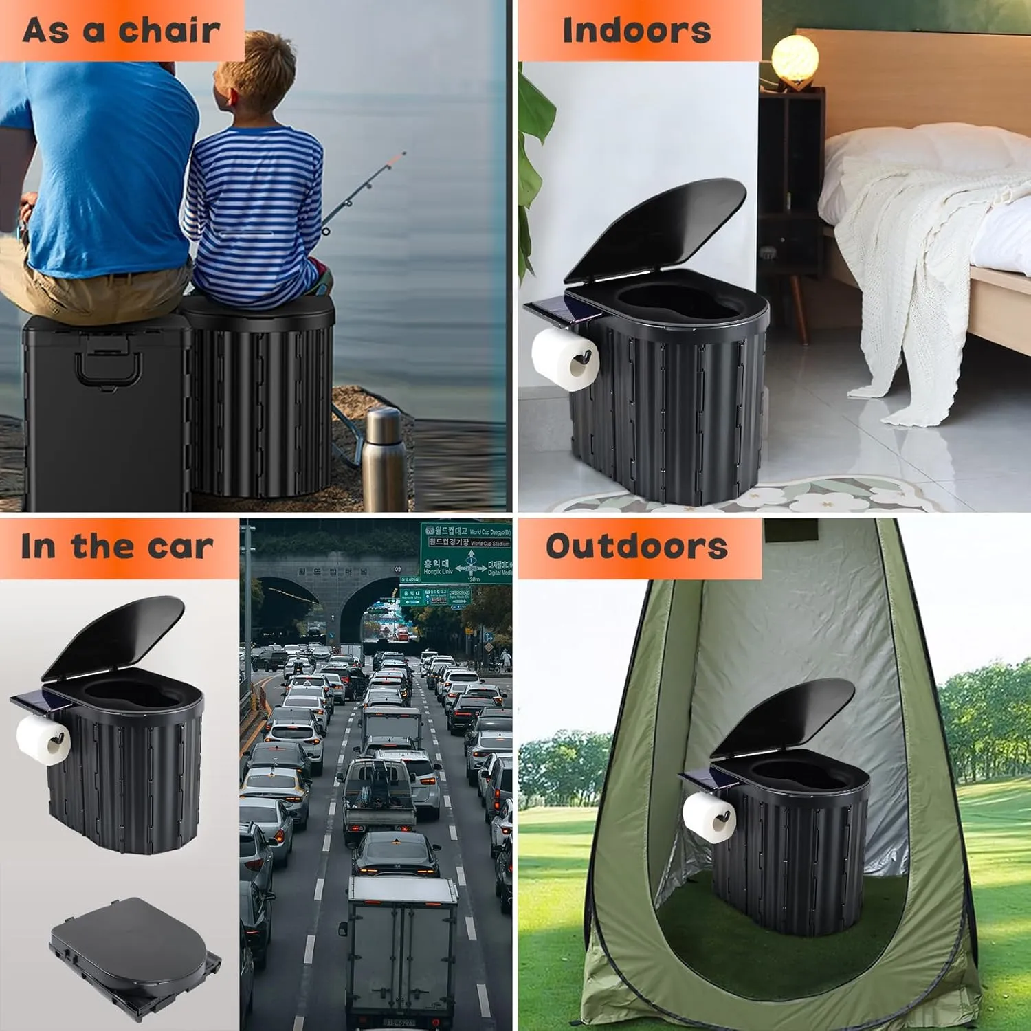 UOPBYEA Portable Camping Toilet for Adults With Cushion, Outdoor Toilet for Camping Toilets Portable Potty for Adults, Emergency Collapsible Toilets for Travel, Tent, Car, Beach, Hiking, Truck Driver