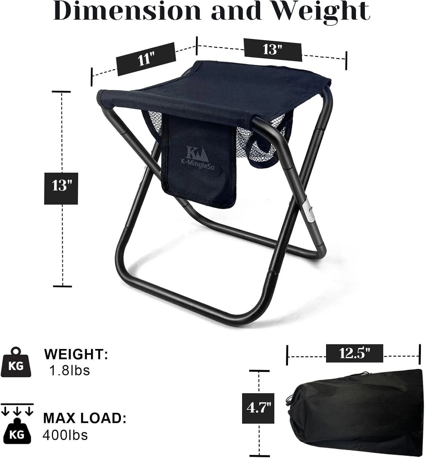 Upgraded 13 Inch Portable Folding Camping Stool with Side Pocket Mesh Pocket and Molle System, Lightweight Foldable Stool for Adults Gardening Travel BBQ Fishing with Carry Bag[Black]