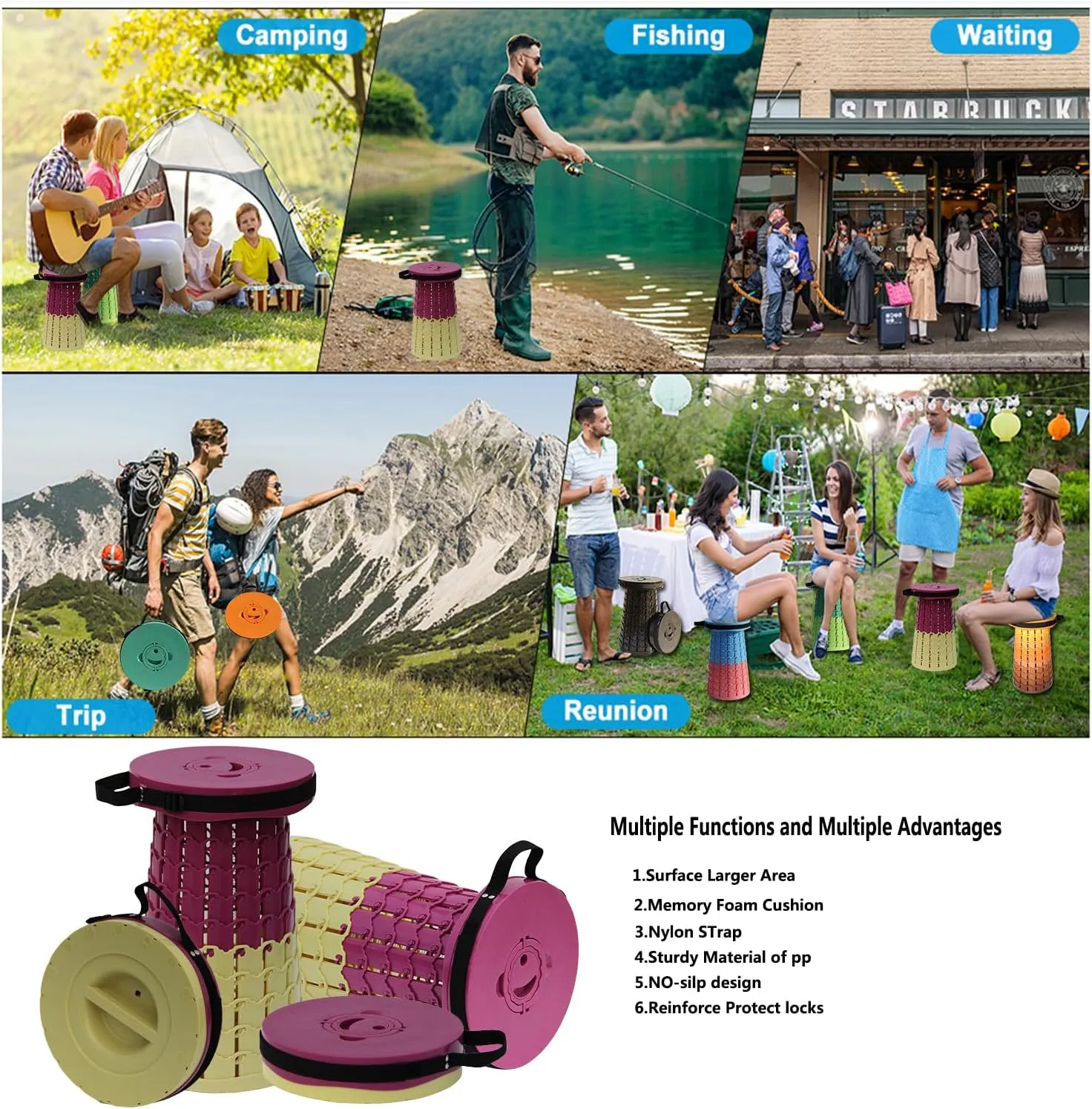 Upgraded 19.7"Portable Collapsible Folding Stool with Cushion Retractable Telescoping Foldable Stool for Adults Heavy Duty Camping Sturdy with Max Load Capacity 1000lbs for Outdoor Fishing Hiking BBQ
