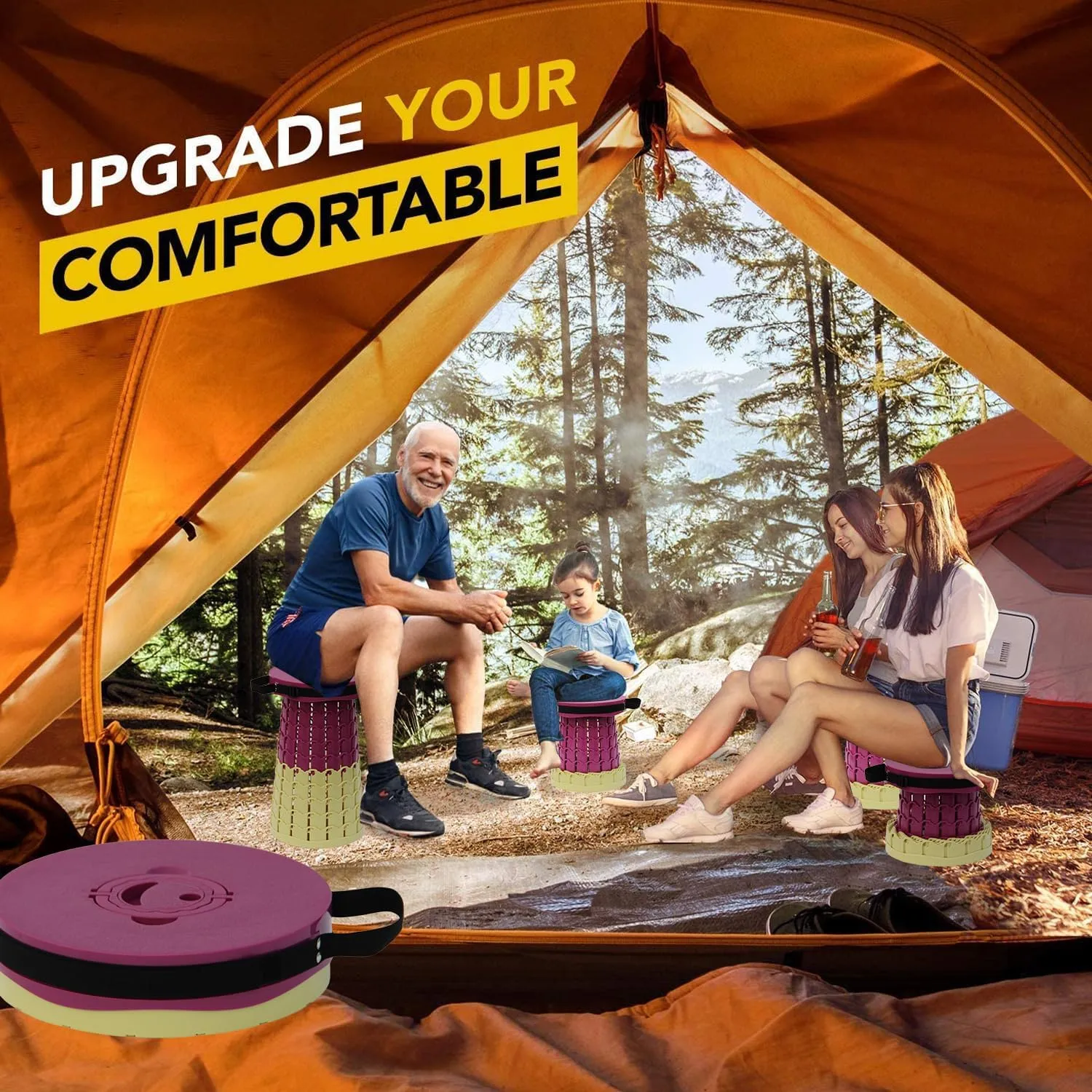 Upgraded 19.7"Portable Collapsible Folding Stool with Cushion Retractable Telescoping Foldable Stool for Adults Heavy Duty Camping Sturdy with Max Load Capacity 1000lbs for Outdoor Fishing Hiking BBQ