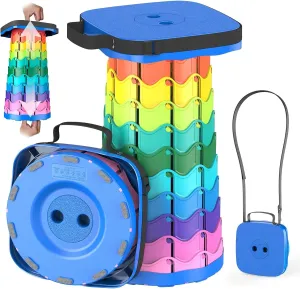 Upgraded Collapsible Stool, Portable Folding Stool, Telescoping Camping Chair with Max Load Capacity 485lbs, Square Retractable Stool for Camping Gardening Fishing Hiking BBQ [Rainbow Blue]