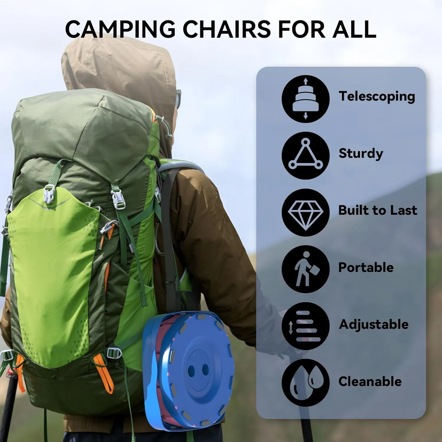Upgraded Collapsible Stool, Portable Folding Stool, Telescoping Camping Chair with Max Load Capacity 485lbs, Square Retractable Stool for Camping Gardening Fishing Hiking BBQ [Rainbow Blue]
