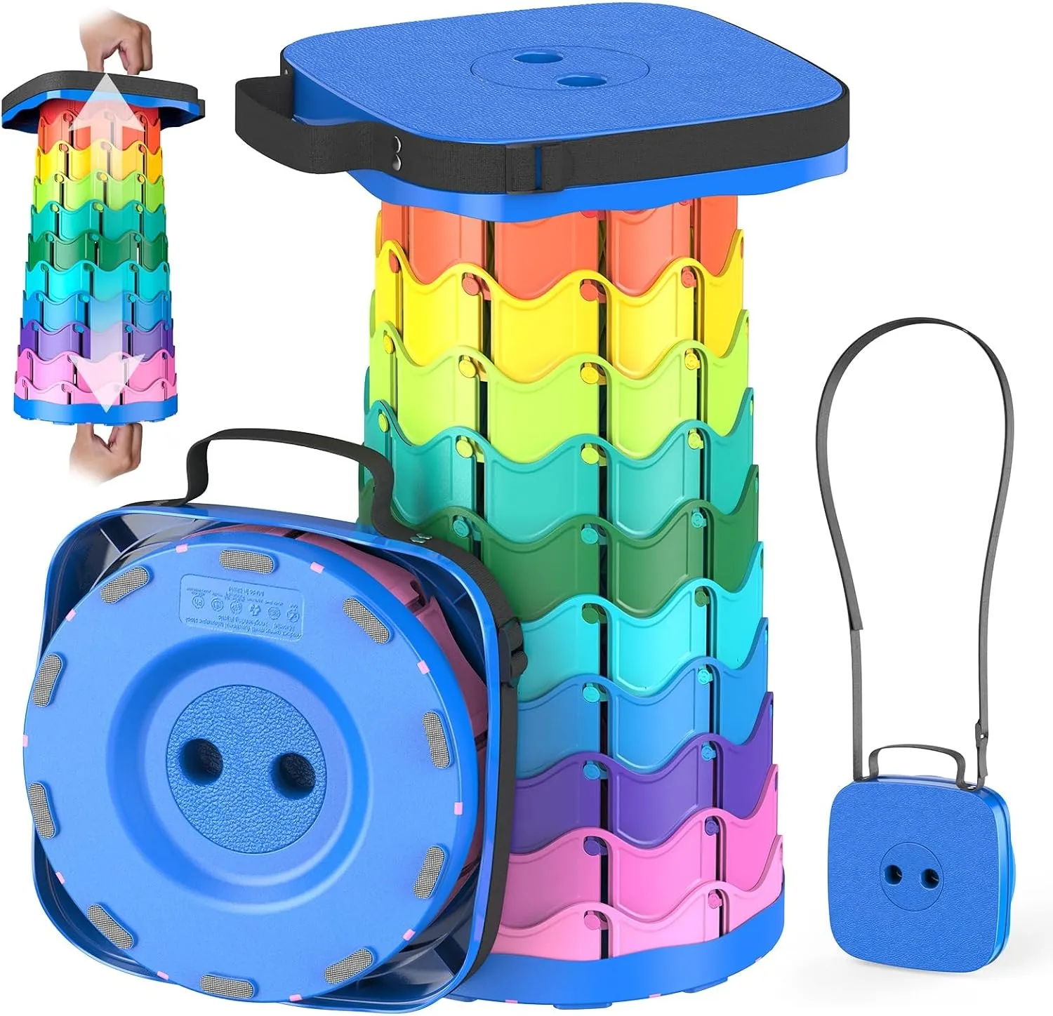 Upgraded Collapsible Stool, Portable Folding Stool, Telescoping Camping Chair with Max Load Capacity 485lbs, Square Retractable Stool for Camping Gardening Fishing Hiking BBQ [Rainbow Blue]
