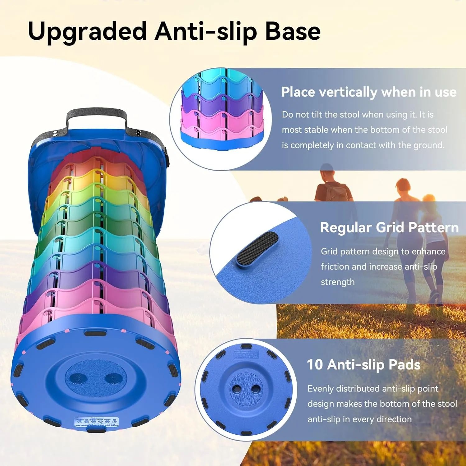 Upgraded Collapsible Stool, Portable Folding Stool, Telescoping Camping Chair with Max Load Capacity 485lbs, Square Retractable Stool for Camping Gardening Fishing Hiking BBQ [Rainbow Blue]