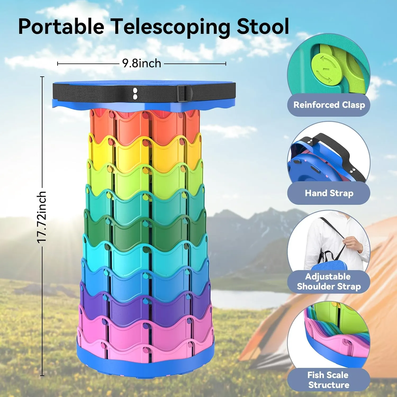 Upgraded Collapsible Stool, Portable Folding Stool, Telescoping Camping Chair with Max Load Capacity 485lbs, Square Retractable Stool for Camping Gardening Fishing Hiking BBQ [Rainbow Blue]