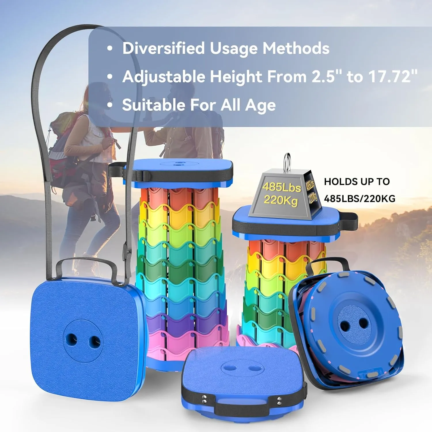 Upgraded Collapsible Stool, Portable Folding Stool, Telescoping Camping Chair with Max Load Capacity 485lbs, Square Retractable Stool for Camping Gardening Fishing Hiking BBQ [Rainbow Blue]