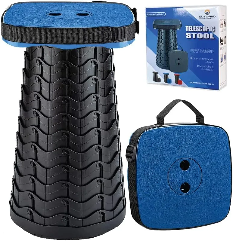 Upgraded Folding Stool Large Square Collapsible Portable Chairs Sturdy Telescopic Stool for Camping Retractable Foldable Light-Weight (Blue)