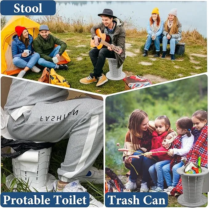 Upgraded Retractable Portable Toilet with Cushion,Adjustable Height Camp Toilet with Paper Holder,Lightweight Portable Potty for Camping,Car,Travel,Boat,Tent and Emergency Use