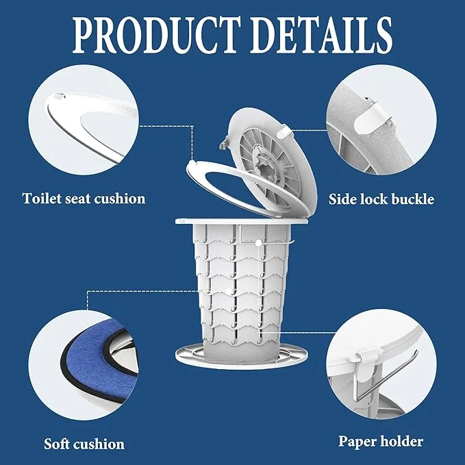 Upgraded Retractable Portable Toilet with Cushion,Adjustable Height Camp Toilet with Paper Holder,Lightweight Portable Potty for Camping,Car,Travel,Boat,Tent and Emergency Use