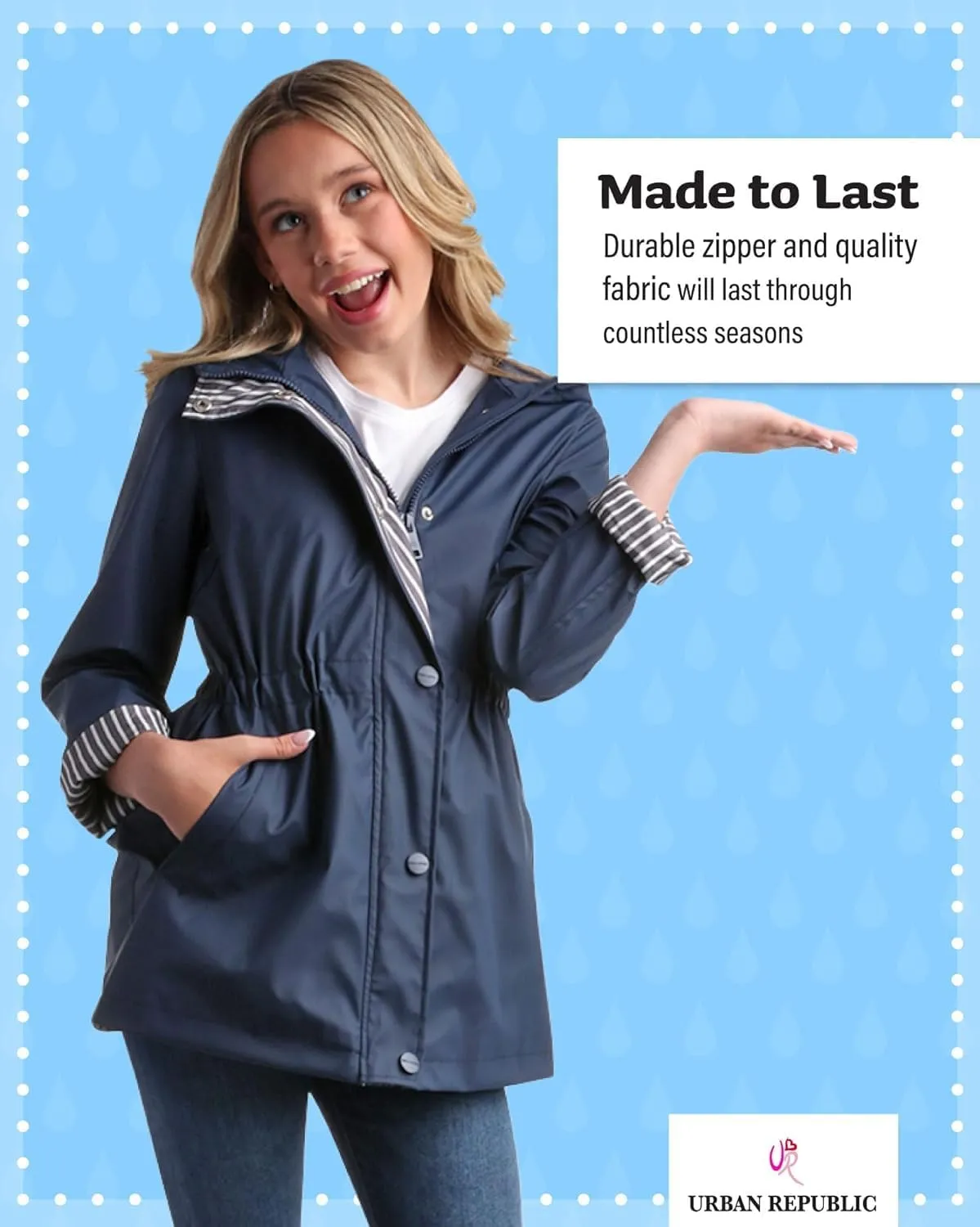 URBAN REPUBLIC Girls Rain Jacket - Slicker Shell Wind & Water Resistant Lightweight Rain Coats for Girls with Pockets (7-16)