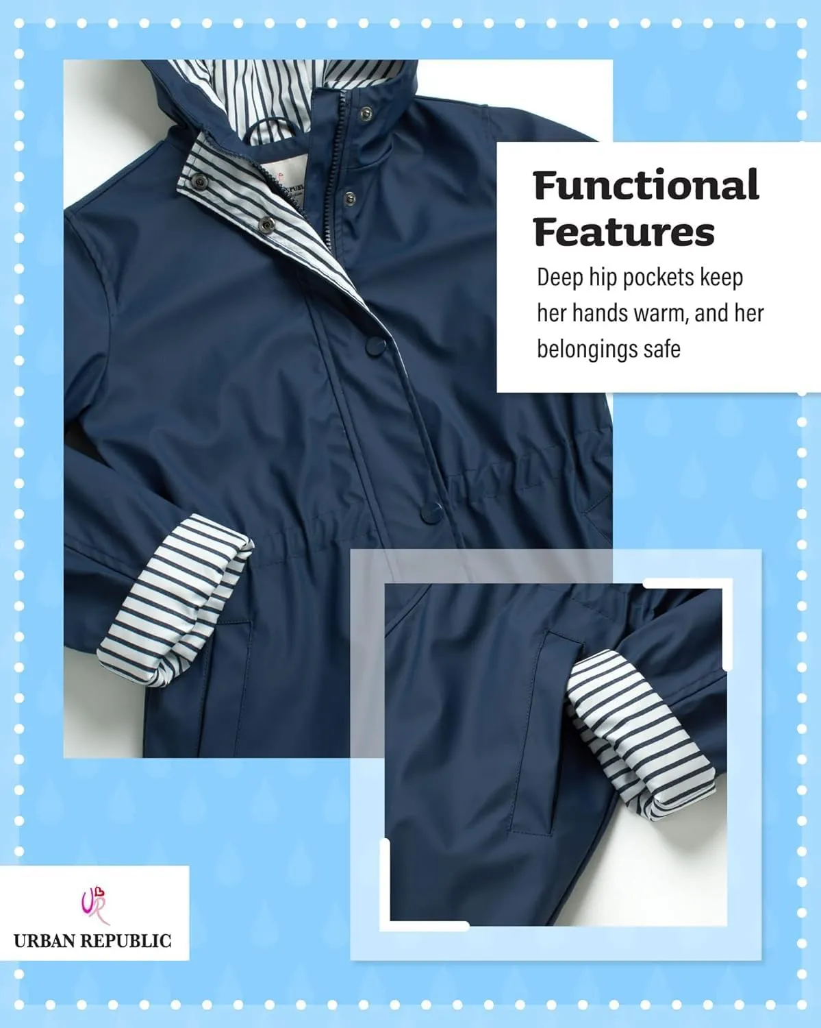 URBAN REPUBLIC Girls Rain Jacket - Slicker Shell Wind & Water Resistant Lightweight Rain Coats for Girls with Pockets (7-16)