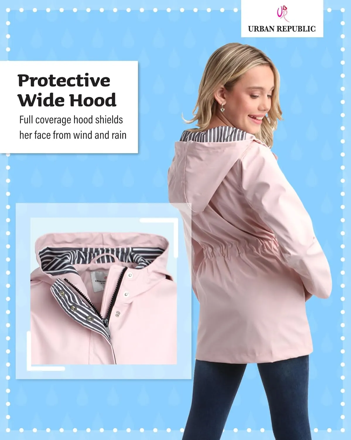 URBAN REPUBLIC Girls Rain Jacket - Slicker Shell Wind & Water Resistant Lightweight Rain Coats for Girls with Pockets (7-16)