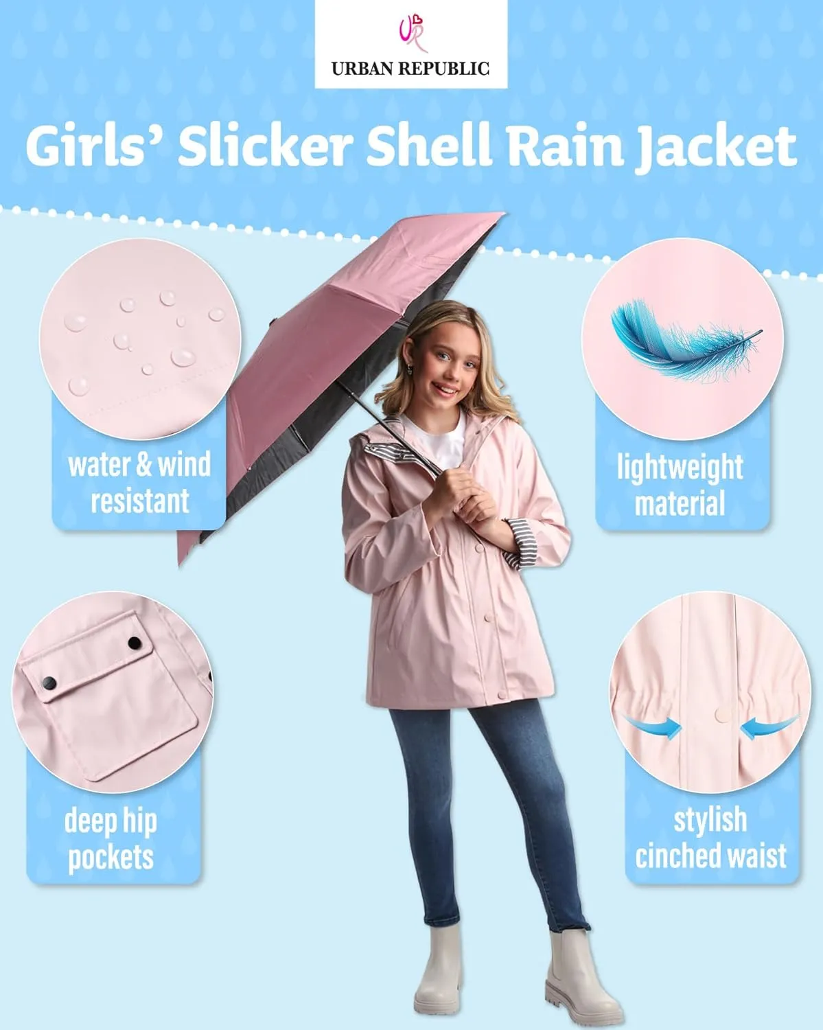 URBAN REPUBLIC Girls Rain Jacket - Slicker Shell Wind & Water Resistant Lightweight Rain Coats for Girls with Pockets (7-16)