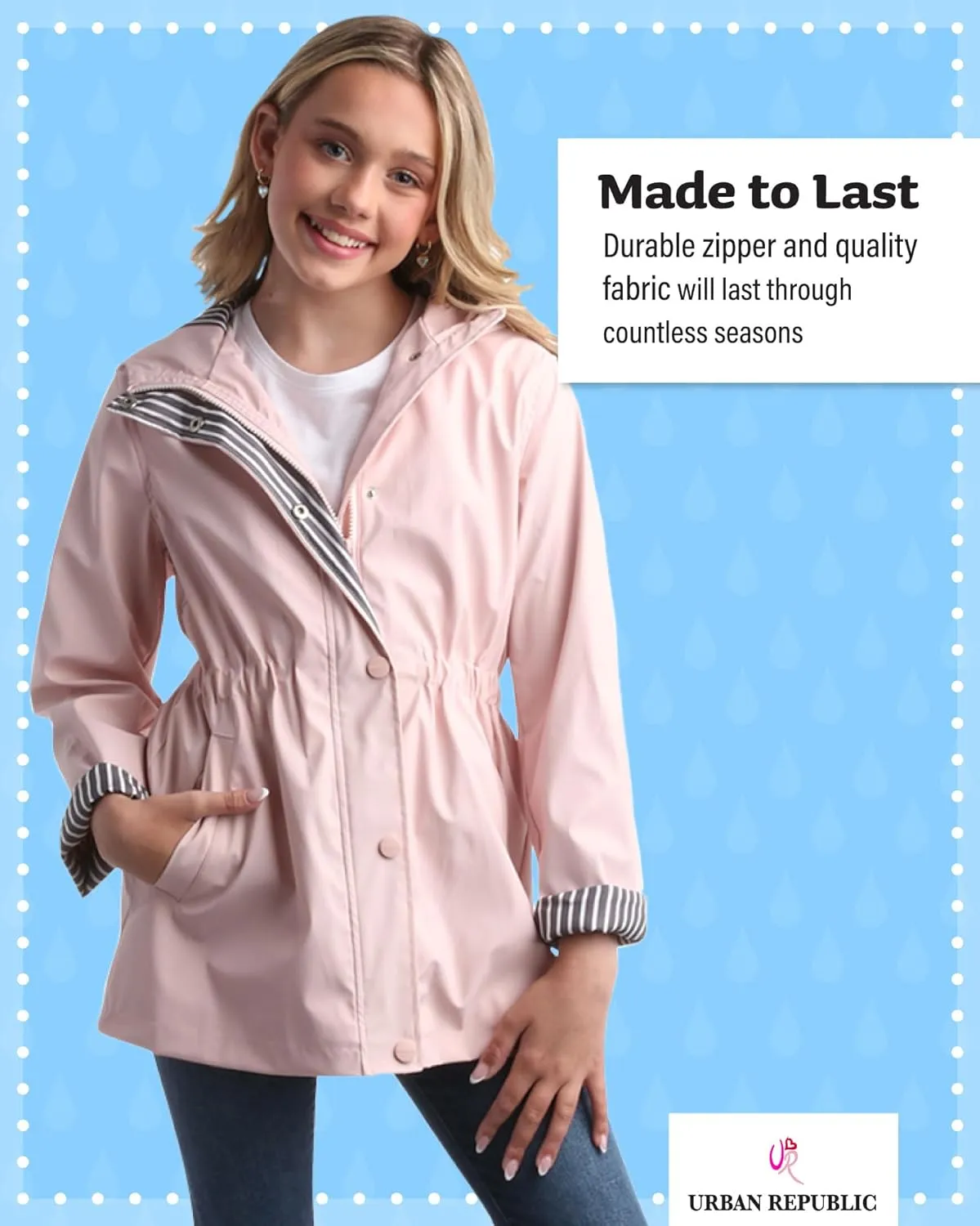 URBAN REPUBLIC Girls Rain Jacket - Slicker Shell Wind & Water Resistant Lightweight Rain Coats for Girls with Pockets (7-16)