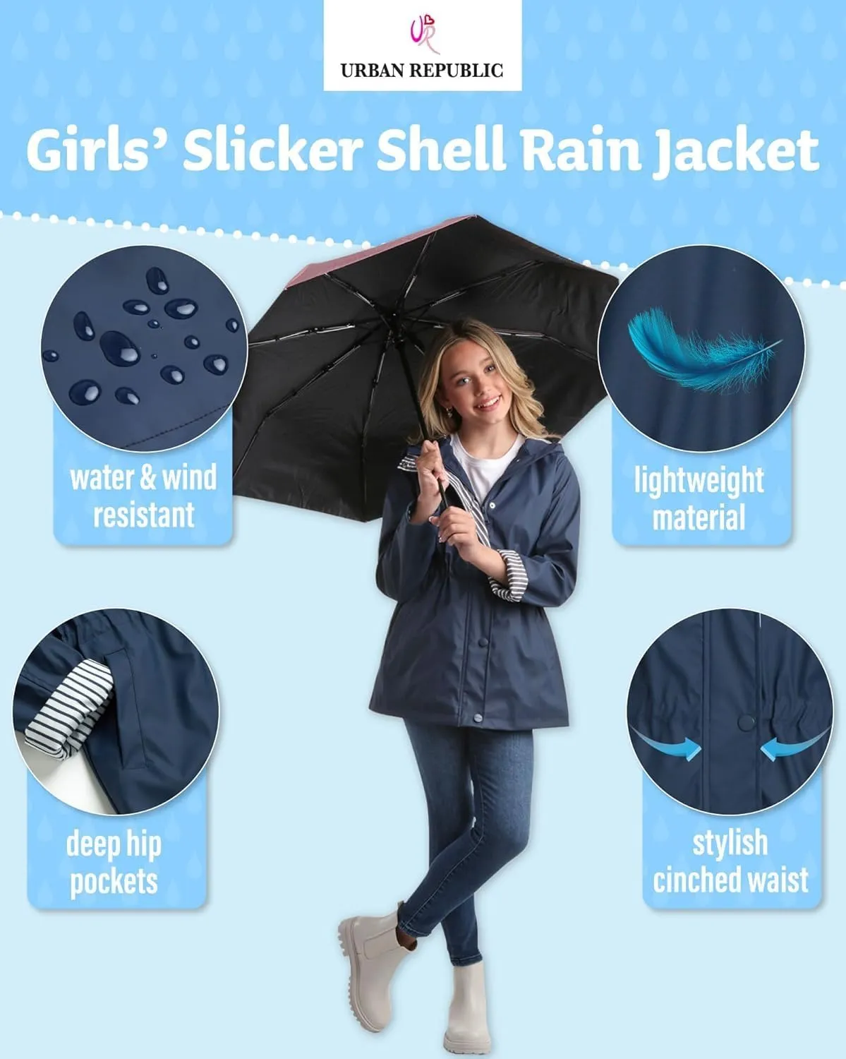 URBAN REPUBLIC Girls Rain Jacket - Slicker Shell Wind & Water Resistant Lightweight Rain Coats for Girls with Pockets (7-16)