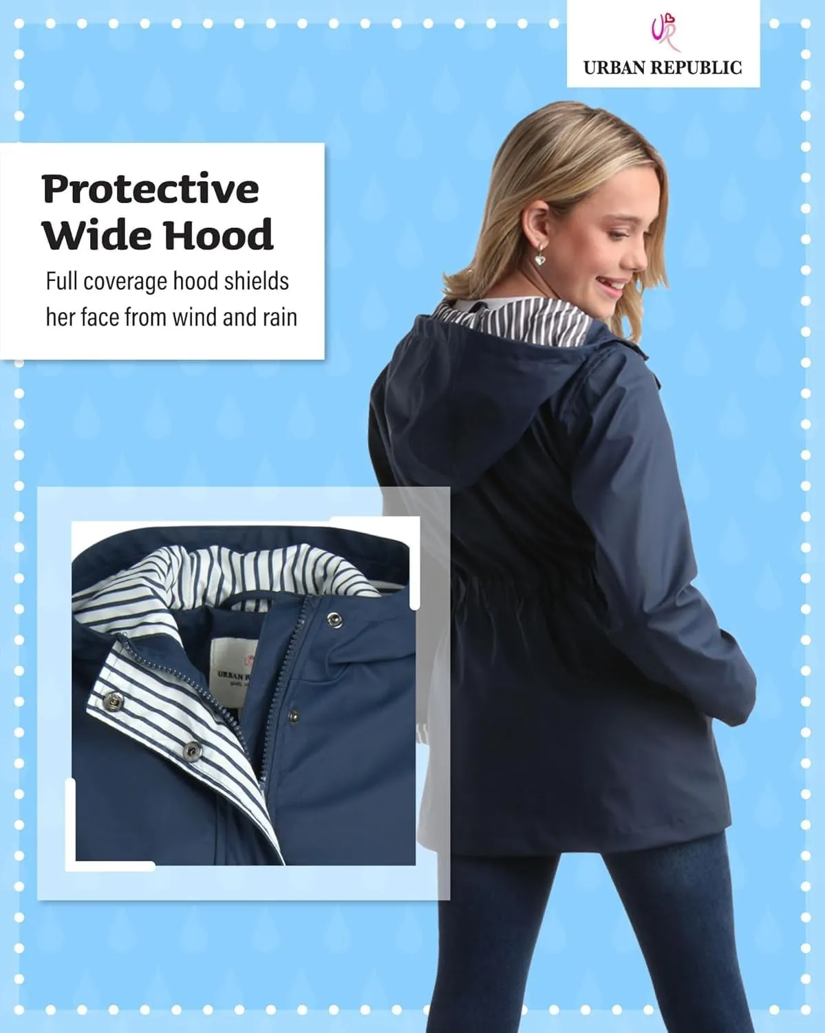 URBAN REPUBLIC Girls Rain Jacket - Slicker Shell Wind & Water Resistant Lightweight Rain Coats for Girls with Pockets (7-16)