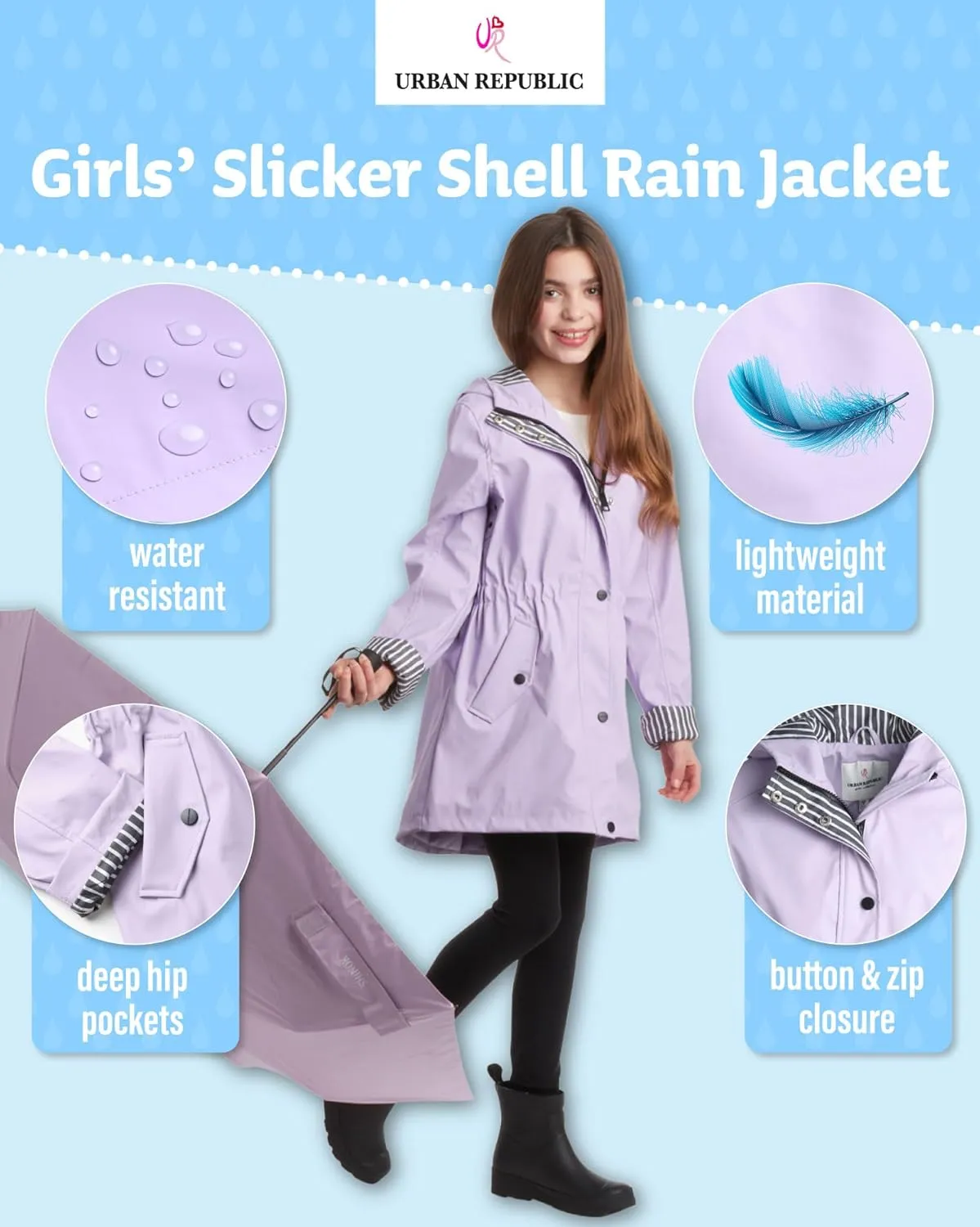 URBAN REPUBLIC Girls Rain Jacket - Waterproof Slicker Shell Anorak Jacket Lightweight Kids Rain Coat with Pockets (7-16)
