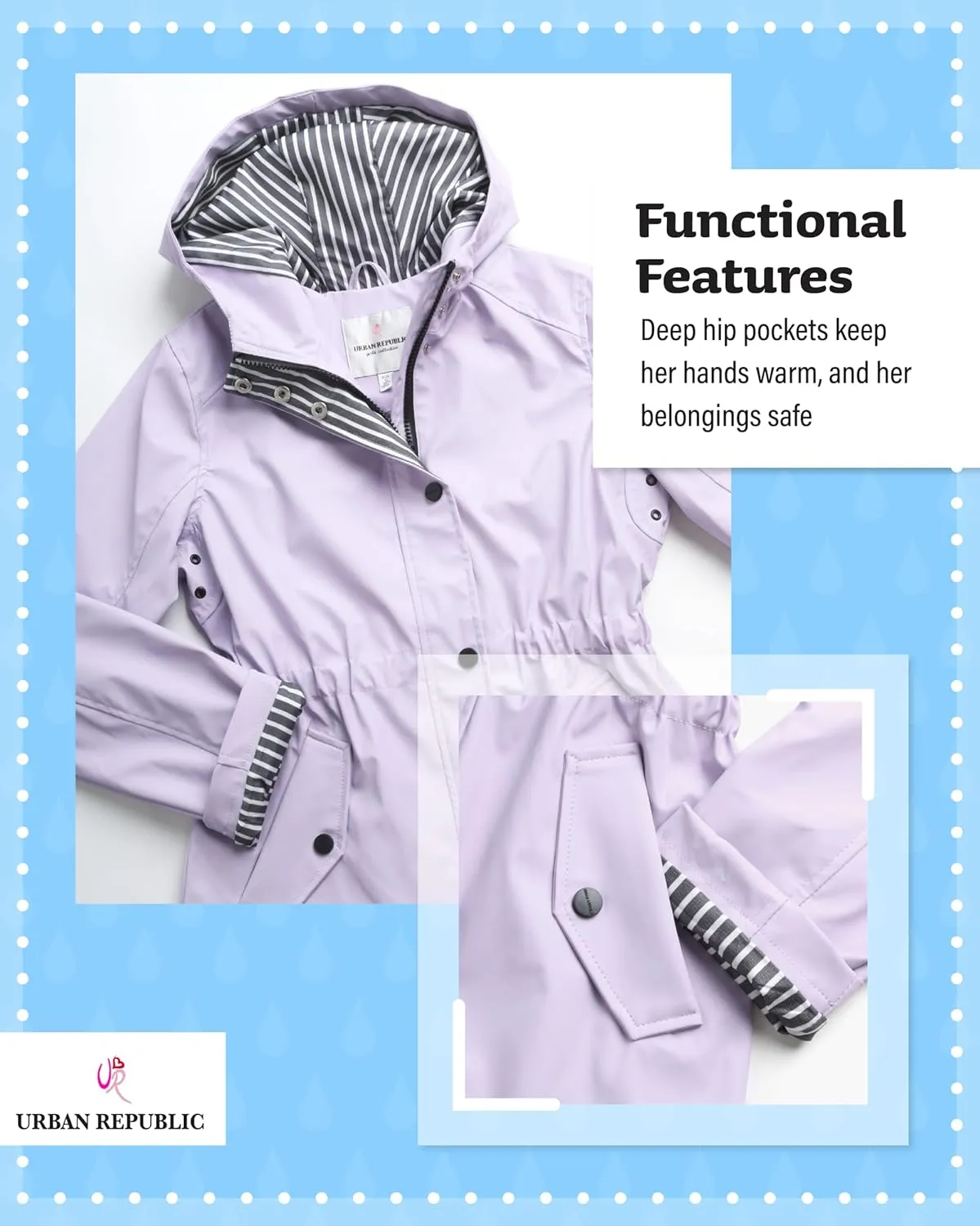 URBAN REPUBLIC Girls Rain Jacket - Waterproof Slicker Shell Anorak Jacket Lightweight Kids Rain Coat with Pockets (7-16)