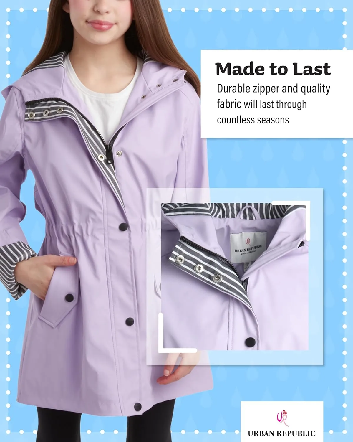 URBAN REPUBLIC Girls Rain Jacket - Waterproof Slicker Shell Anorak Jacket Lightweight Kids Rain Coat with Pockets (7-16)