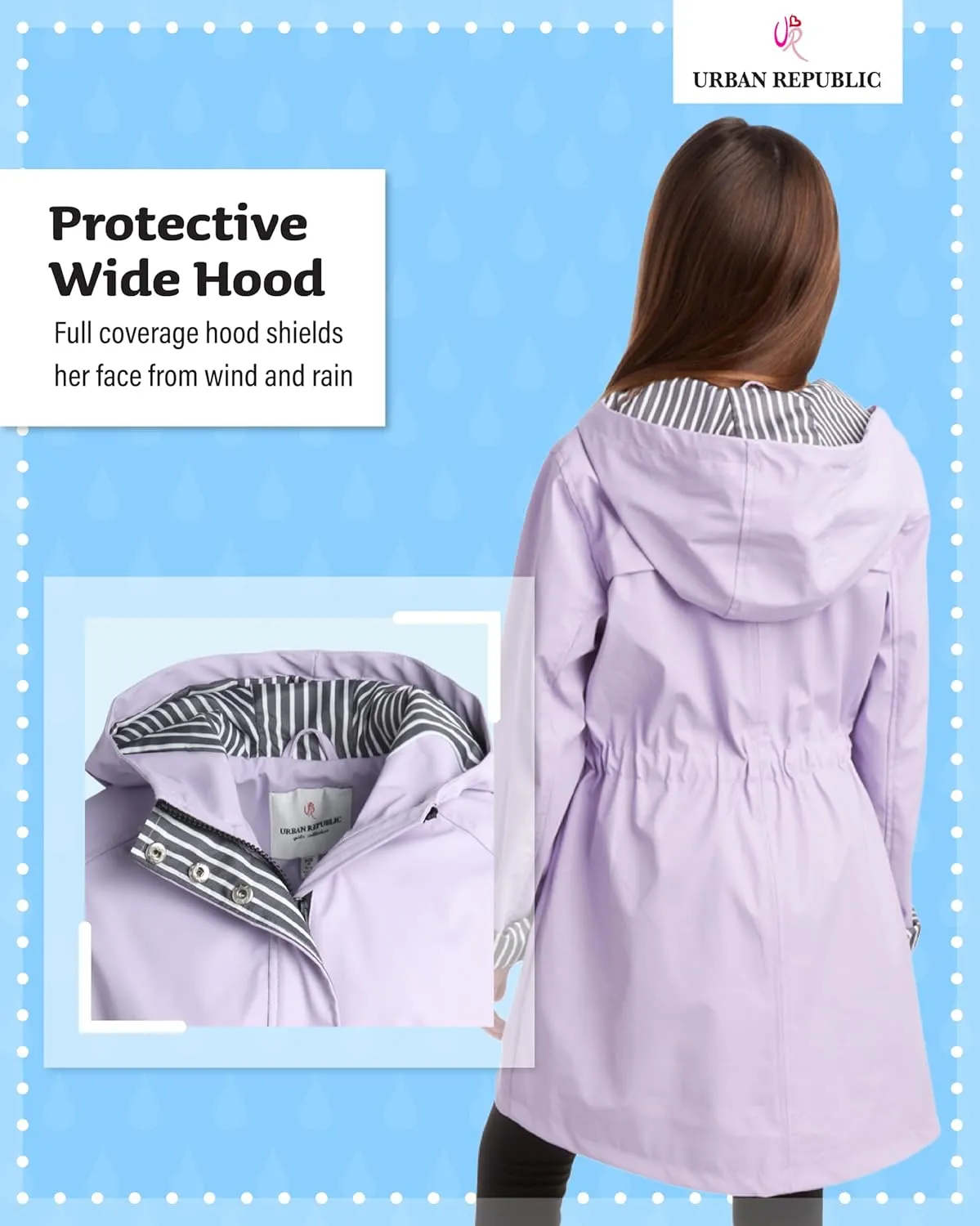 URBAN REPUBLIC Girls Rain Jacket - Waterproof Slicker Shell Anorak Jacket Lightweight Kids Rain Coat with Pockets (7-16)