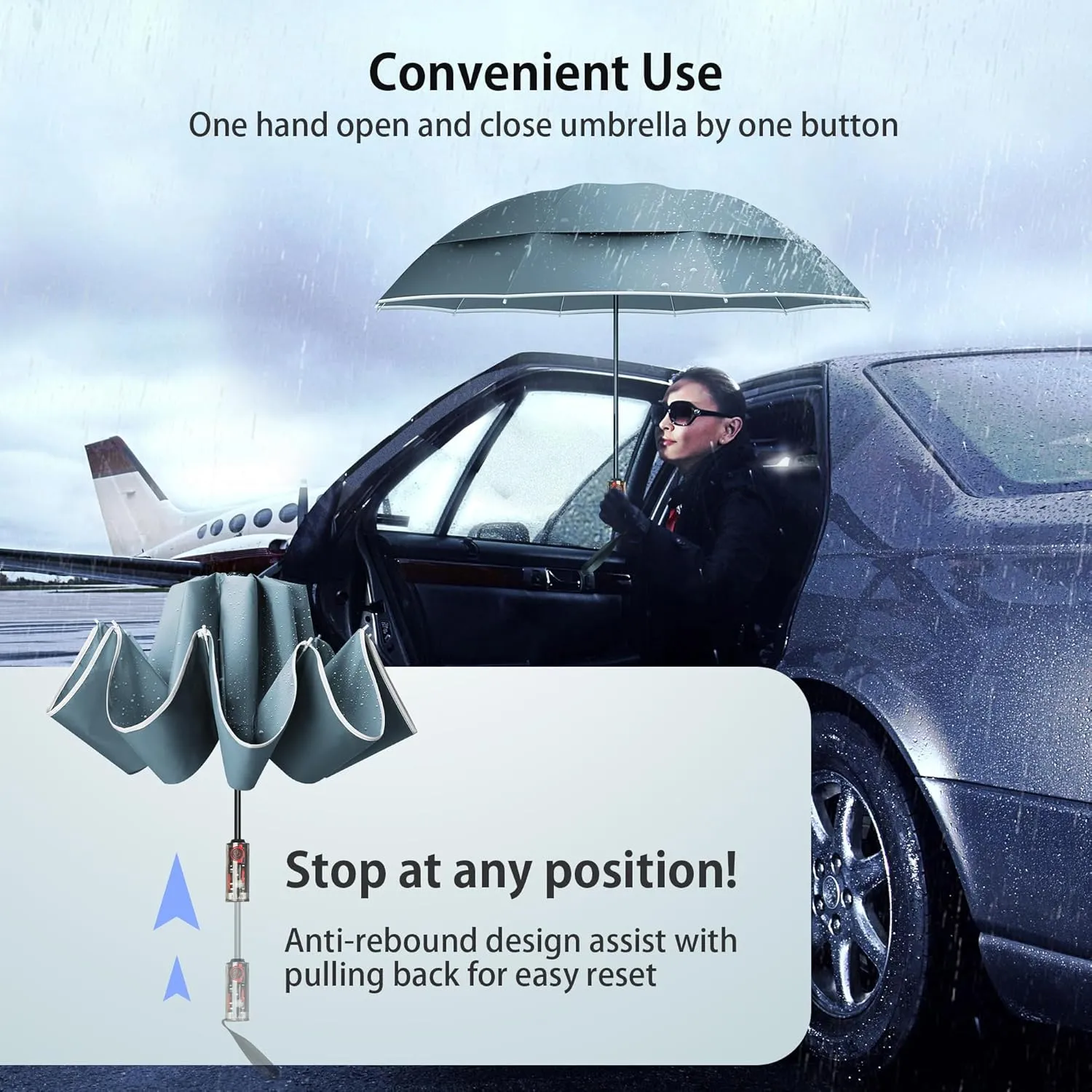 Urvoix Compact Golf Umbrellas Windproof, Travel Umbrella for Rain, 10 Ribs Aluminum Alloy & Fiberglass w/Reflective Stripe, Double Canopy Automatic Anti-bounce Close