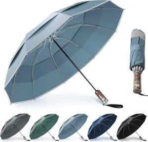 Urvoix Compact Golf Umbrellas Windproof, Travel Umbrella for Rain, 10 Ribs Aluminum Alloy & Fiberglass w/Reflective Stripe, Double Canopy Automatic Anti-bounce Close