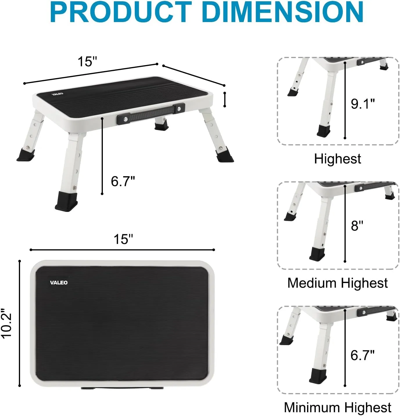 Valeo Folding Step Stool, Adjustable Step Stool with Non-Slip Platform, 330 Lbs Capacity, Step Ladder for Adults or Kids in Kitchen, Bathroom, RV, Camping, Office, White