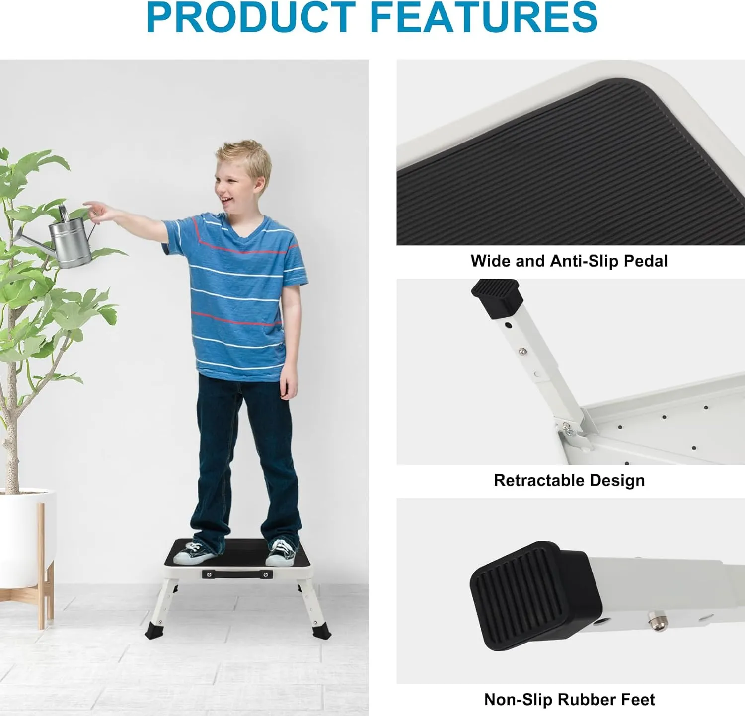 Valeo Folding Step Stool, Adjustable Step Stool with Non-Slip Platform, 330 Lbs Capacity, Step Ladder for Adults or Kids in Kitchen, Bathroom, RV, Camping, Office, White